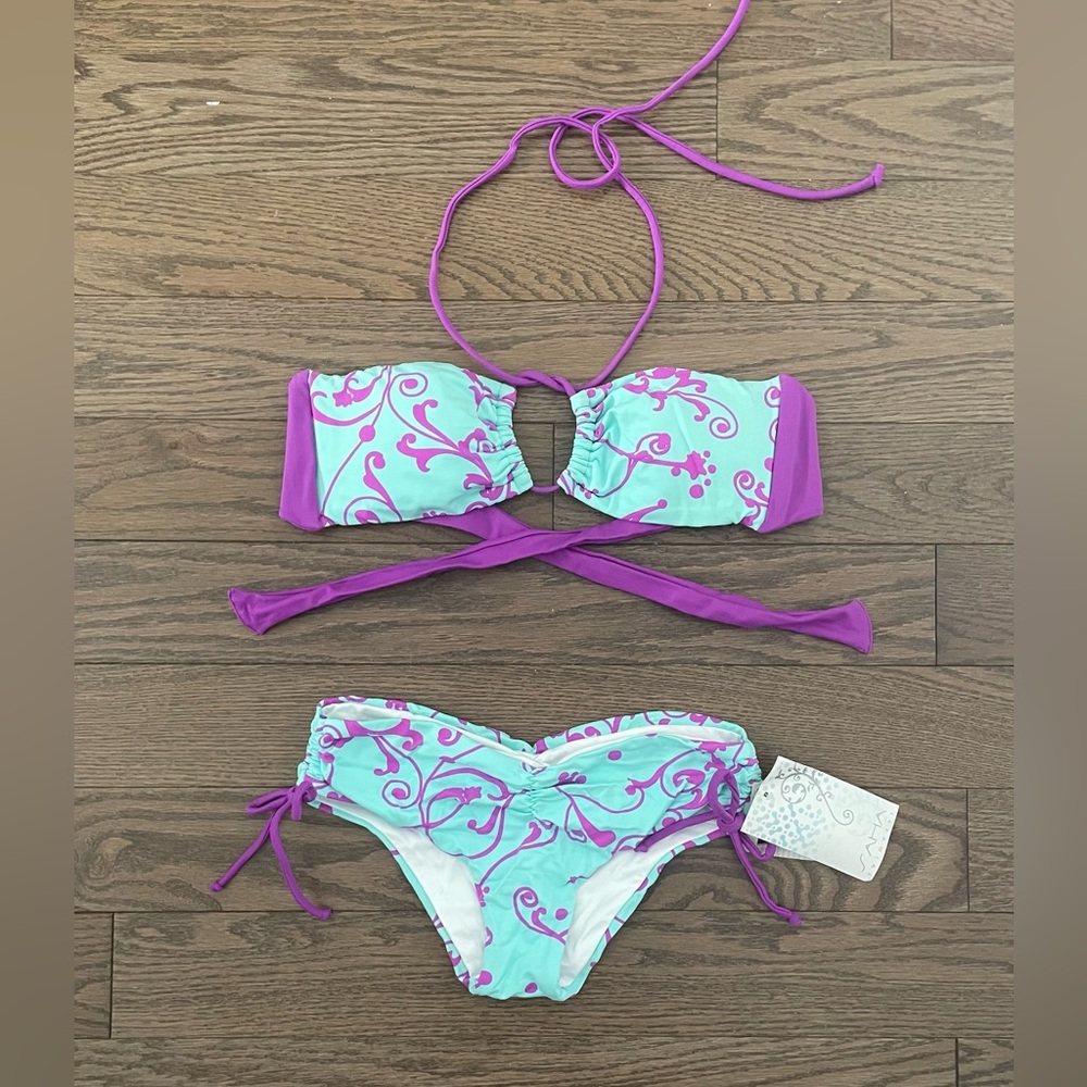 Saha Bikini Swim Set / Bandeau Halter, Ruched Hipster - Turquoise & Purple Print